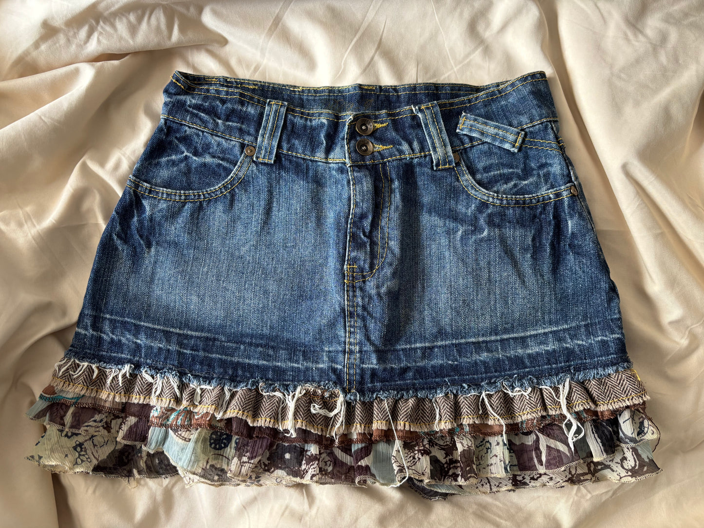 Denim Mini Skirt with Layered Ruffle Hem