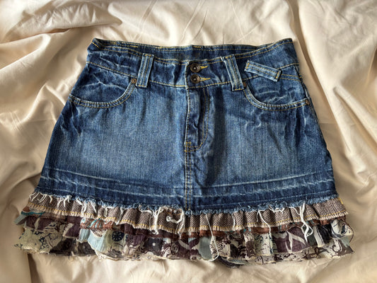 Denim Mini Skirt with Layered Ruffle Hem