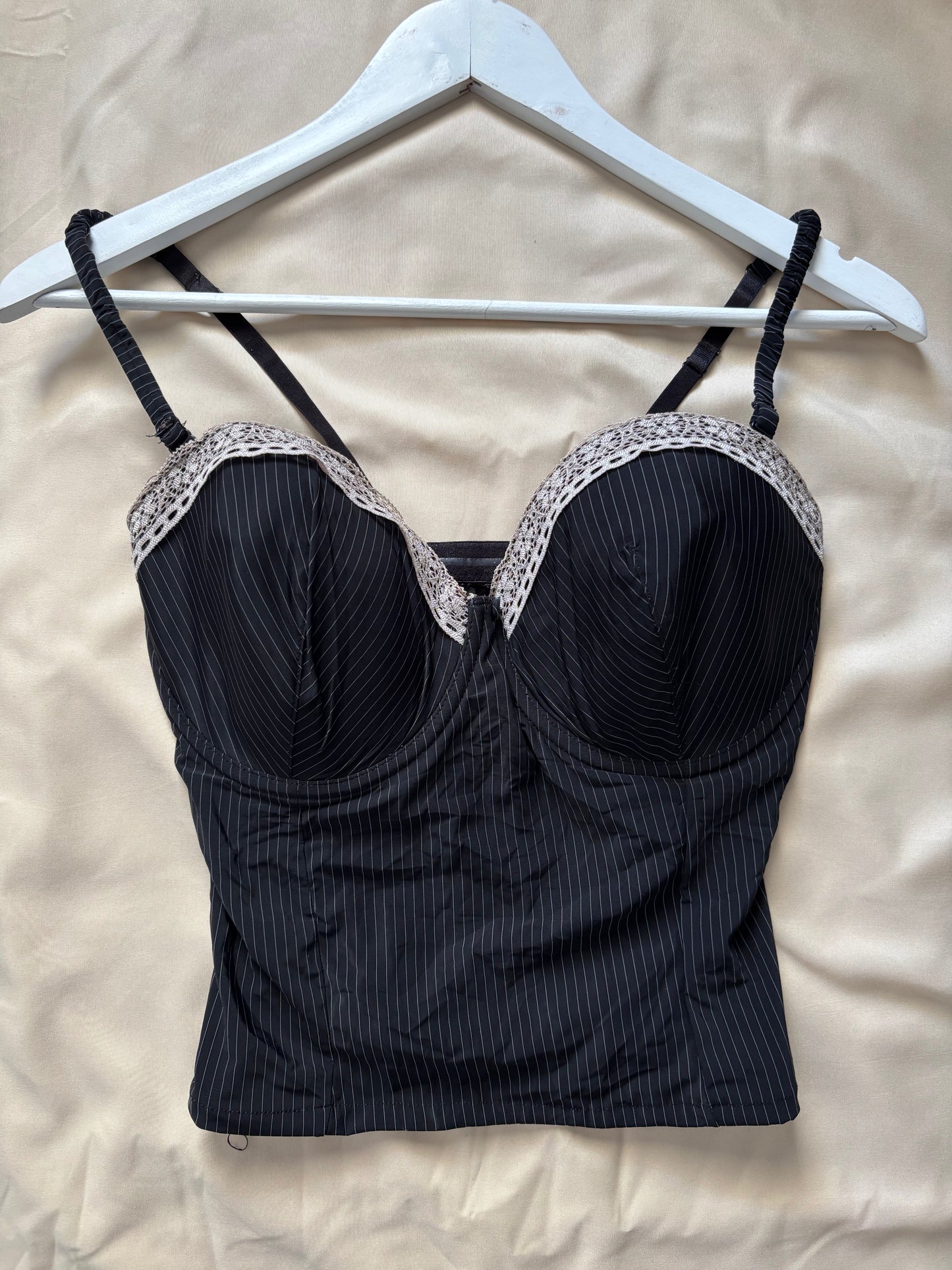 Pinstripe Lace Trim Corset Cami Top